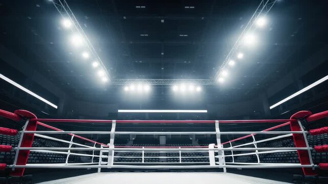 empty brightly lit boxing ring stands central in vast dark arena White ropes and red padded posts define the ring surrounded by rows of unoccupied spectator seating under intense overhead spotlights
