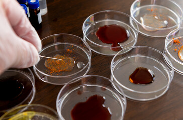 A researcher in a laboratory experiment using a needle to mix samples in petri dishes arranged in rows on a table top.