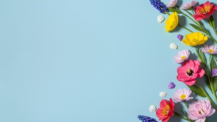 Colorful corner floral frame on light blue background