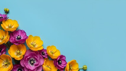 Bright flower border with multicolor petals on sky blue background