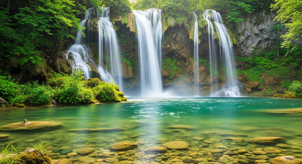 A breathtaking view of a cascading waterfall in a lush green forest, with crystal clear water flowing over rocks and creating a serene and peaceful atmosphere