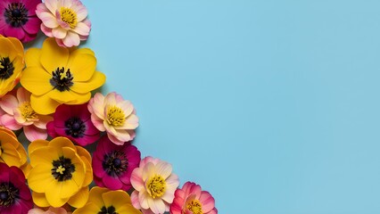 Yellow and pink flower arrangement in corner on blue background