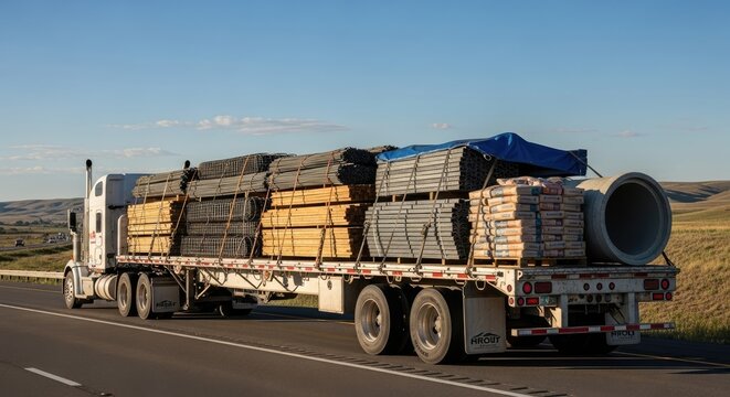 A large truck transporting a load of metal pipes and a concrete pipe on a two-lane highway with a clear blue sky in the background.