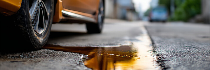 Oil leak on pavement under parked car indicating vehicle pollution