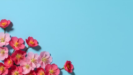 Corner floral border with pink blossoms on light blue background