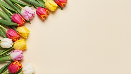 Mixed tulip corner frame on ivory background