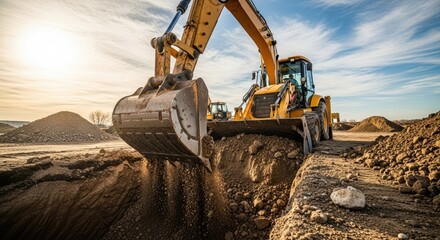 A yellow excavator with a bucket is digging into a pile of dirt on a construction site.