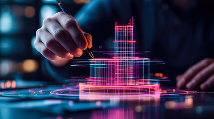 An architect brings architectural designs to life with 3D holographic construction models. The concept of innovation in architecture and futuristic design. Generative Ai.
