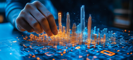 An architect brings architectural designs to life with 3D holographic construction models. The concept of innovation in architecture and futuristic design. Generative Ai.
