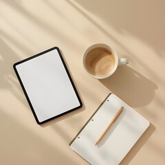 Top view of minimalist workspace, notebook, pen, iPad, glasses, coffee, beige tones, modern aesthetic