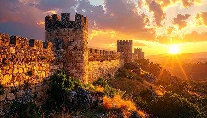 Golden Sunset Over Ancient Stone Wall with Battlements Against Cloudy Sky in Warm Tones Landscape Scenery High Angle View Summer Day