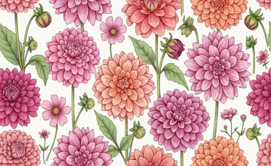 Vector art of vibrant floral pattern with pink and orange dahlias