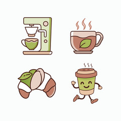 Cute Coffee Cup Croissant Breakfast Icons Vector Illustration