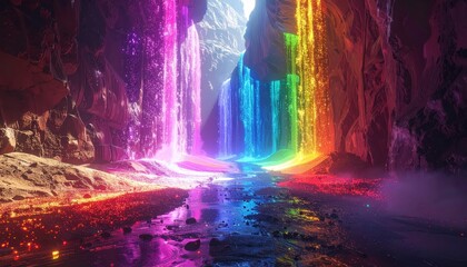 Vibrant, luminous waterfalls cascade through a rocky canyon, reflecting colorful spectrums of light into a tranquil body of water, creating a surreal and visually striking landscape, filled with...