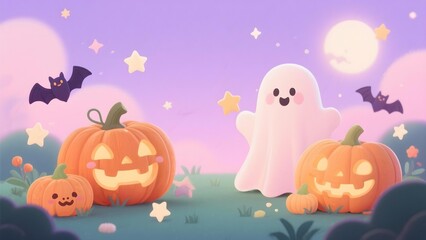 Cute Halloween Characters and Pumpkins Illustration