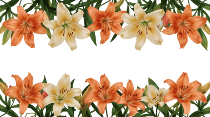 Orange and cream lilies with green leaves border isolated on a transparent background