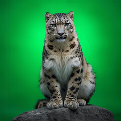Majestic Snow Leopard Poses on Rock Against Vibrant Green Background, Capturing its Regal Presence
