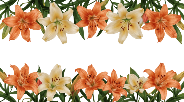 Orange and cream lilies with green leaves border isolated on a transparent background