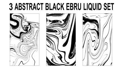 Set of abstract backgrounds. Ink marbling textures. Black and white. Hand drawn marble illustrations, ebru aqua paper and silk prints.