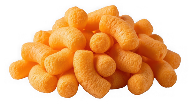 Pile of crunchy cheese puffs isolated on transparent background for snacking