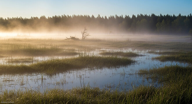 A tranquil marshland scene unfolds with mist hanging over the water and vegetation, creating a peaceful and ethereal atmosphere at dawn - Powered by Adobe