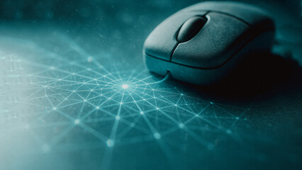 A close-up shot of a computer mouse sitting atop a digital web, emphasizing the interconnected nature of technology, the digital age, and the tools of the future.