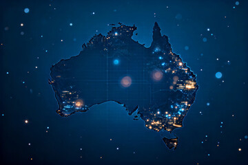 Nighttime city lights on Australia map