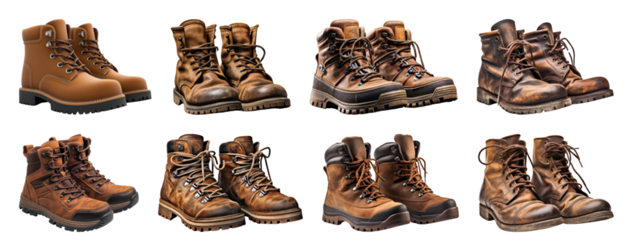 PNG Collection of rugged leather boots, element set on transparent background