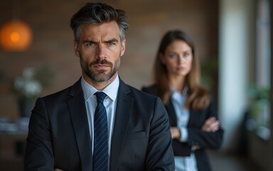 Angry boss. Man and his secretary standing at office or studio. High quality