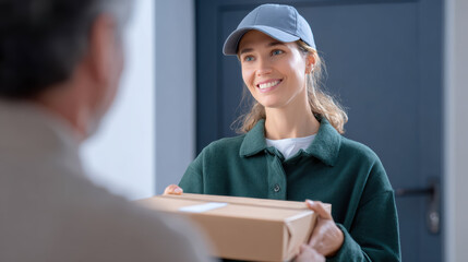 Happy young woman courier providing home delivery service. friendly delivery person hands cardboard package box to customer at front door with smile
