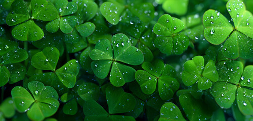 Lush green shamrocks glistening with fresh dew drops offer a vibrant symbol of Irish heritage and St Patrick's Day celebrations.