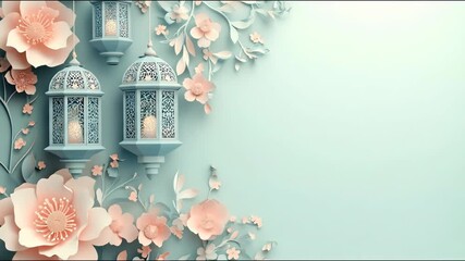Intricate paper art of hanging lanterns and blooming flowers in a soft, dreamy pastel palette. - Powered by Adobe
