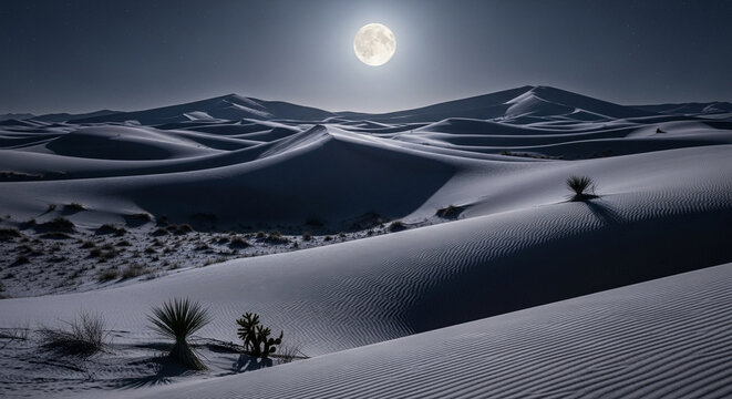 Moonlit desert landscape with sand dunes and sparse vegetation, creating a serene and ethereal atmosphere under the night sky with a bright full moon