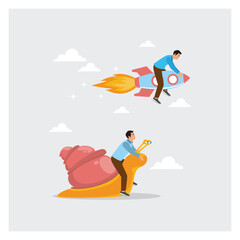 Business Competition, Businessman Winner Riding Rocket, Another on Slow Snail.