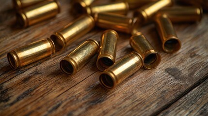 A pile of bullet casings on a wooden surface.
