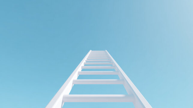 Minimalist animation of white ladder reaching to sky, concept of success, ambition, growth, progress, and achieving career goal with hopeful future