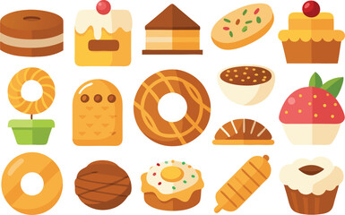 Vector bakery treats bundle featuring bread cakes and donuts for graphic design projects