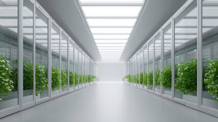 Wide shot of modern sustainable data center corridor with green plants in server racks. futuristic, eco friendly technology shows hopeful vision of innovation and nature