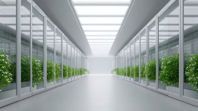 Wide shot of modern sustainable data center corridor with green plants in server racks. futuristic, eco friendly technology shows hopeful vision of innovation and nature