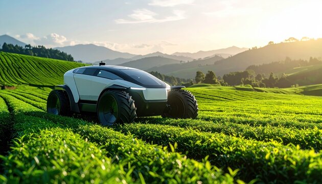 Autonomous tractor working in green tea field, Future technology with smart agriculture farming concept