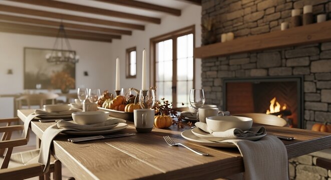 Warm Thanksgiving dinner setup. Rustic table with autumn decor, fireplace. Ideal for seasonal greetings, home interior design, cozy family moments visuals, holidays. - Powered by Adobe