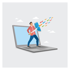 Digital Privacy Concept. Businessman With Shield And Sword on Laptop, Protect Cyber Attacks. © berkah design