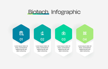 Four steps of biotechnology infographic design template process. Modern, vibrant infographic design.