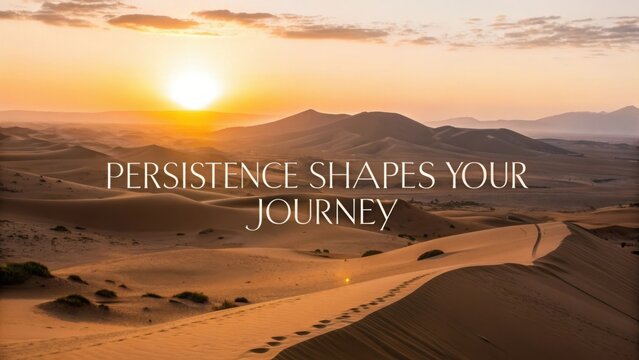 Serene Desert Landscape at Sunset with Inspirational Quote about Persistence and Journey in the Foreground