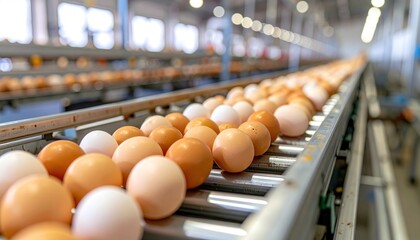 Chicken eggs move along a conveyor in a poultry farm. Food industry concept, chicken egg production.