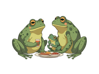 Frogs enjoying a meal together at a picnic scene