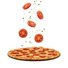 Pepperoni pizza with falling tomato slices isolated on transparent background