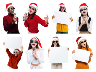 PNG Festive women singing joyfully, element set on transparent background