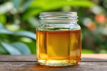 Clear Glass Jar with Golden Liquid on Wooden Surface Outdoors