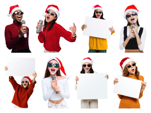 PNG Festive women singing joyfully, element set on transparent background